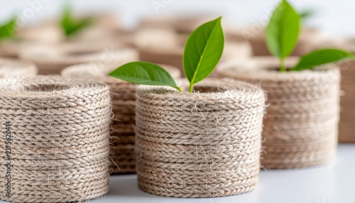 Young green plants growing in biodegradable jute pots for eco gardening