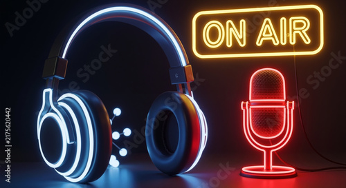 Glowing studio headphones with neon ON AIR sign and illuminated microphone icon for radio broadcasting and podcasting