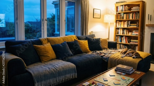 Cozy Evening Living Room with Dark Sectional Sofa Bookshelves and Warm Lamps