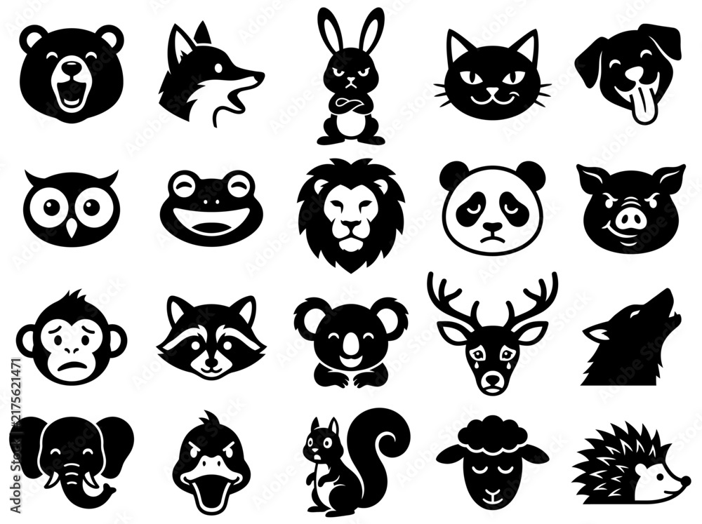 Obraz premium Set of 20 Minimalist Animal Head Icons and Emojis with Expressions