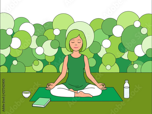 Flat vector illustration of woman meditating in lotus pose outdoors amidst green abstract nature.