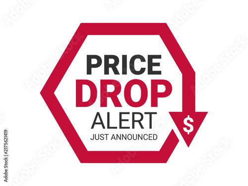 Red Price Drop Alert Sign with Downward Arrow and Dollar Symbol for Retail Sales