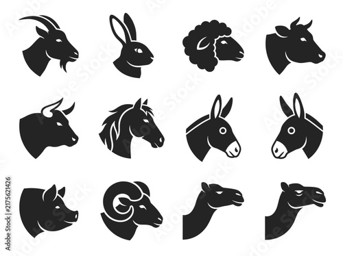 Farm and Livestock Animal Head Silhouette Icon Set Vector