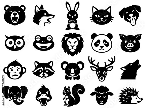 Set of 20 Minimalist Animal Head Icons and Emojis with Expressions