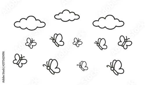 A simple black and white line art illustration featuring a group of flying butterflies and fluffy clouds on white background