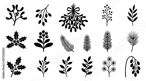 Christmas Botanical Silhouettes, Winter Greenery Icons with Holly, Mistletoe and Pine