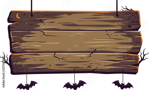 Hanging wooden sign decorated with bats on transparent background