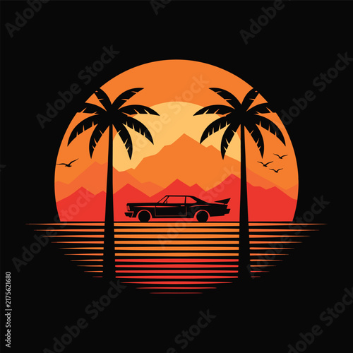  Retro Sunset Road Trip Car Silhouette