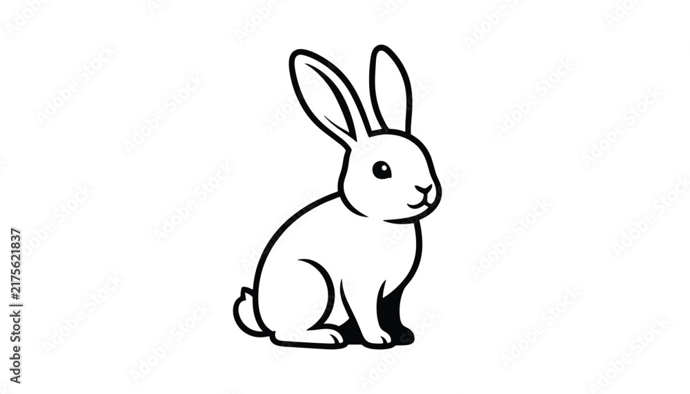 Fototapeta premium Adorable cartoon rabbit sitting on a white background, illustrated in simple black contour lines with minimal shadows.