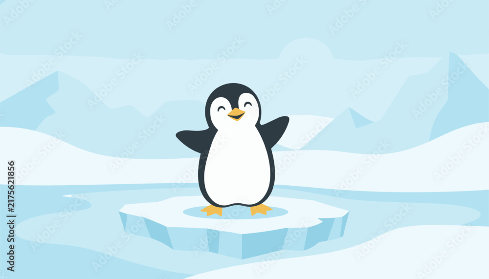 Obraz premium Cheerful cartoon penguin waving on a small ice floe, surrounded by a beautiful blue arctic landscape with distant glaciers.