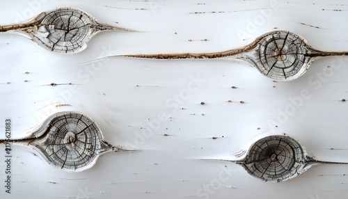 Close-up of rusty metal knots on weathered white wood background