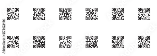 12 Set of Scan me icon set with QR code and arrow. Qrcode template collection for mobile app. QR Scan Frame Icon Set with Barcode Technology and Mobile App Symbols. EPS 10.