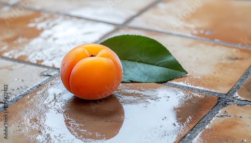 Fresh apricot with green leaf on wet tiled floor
