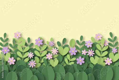 Spring background with paper cut green leaves and pink flowers border with copy space