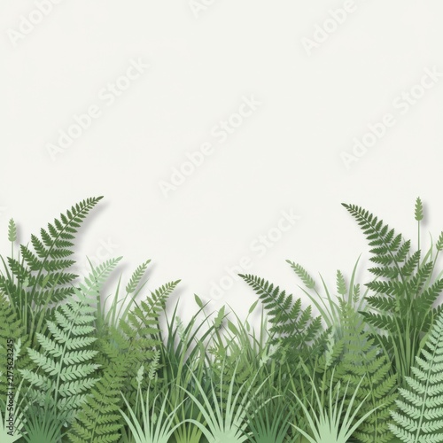 Spring nature background with paper cut green grass and fern leaves border with copy space