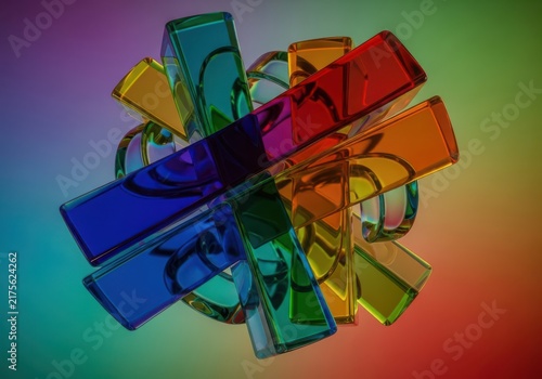 Abstract composition of intersecting, translucent glass rectangular prisms in vibrant rainbow colors against a gradient background