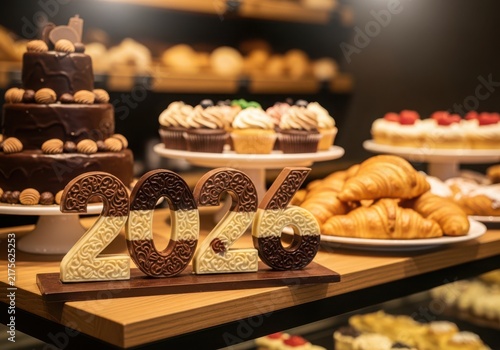 Chocolate numbers 2026 displayed on a wooden shelf in a bakery with a tiered chocolate cake, cupcakes, and croissants in the background