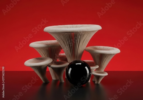 Cluster of white funnel-shaped mushrooms with visible gills, arranged behind a shiny black sphere against a solid red background