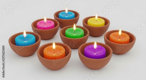Eight colorful lit tea light candles in small terracotta clay bowls arranged on a plain light gray background
