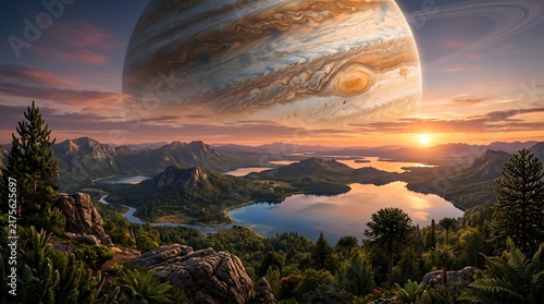 Planetary view of jupiter rising above a lush green mountain landscape with serene lakes at sunset gas giant mountain range green forest water reflection evening sky outer space science fiction
