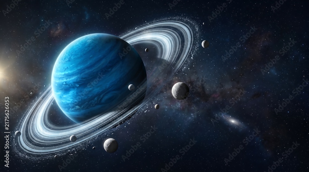 Fototapeta premium Blue gas giant planet with glowing rings surrounded by distant stars and moons in deep space ringed planet solar system night sky outer space digital art universe astronomy celestial stardust