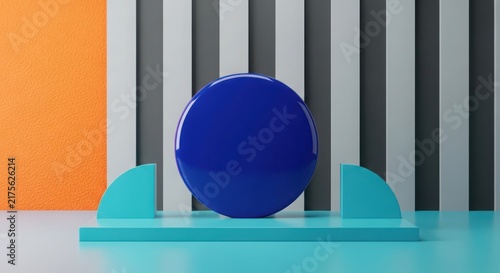 Glossy blue sphere on a teal platform with a background, of alternating vertical, orange, light gray, and dark gray stripes