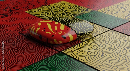 Glossy, rounded with red and yellow organic patterns resting on a grid of square tiles featuring intricate black line-work textures