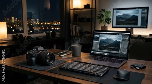 Photographers Desk Setup with Laptop and Camera at Night.