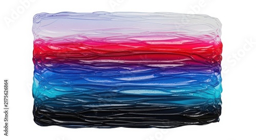 Horizontal streaks of thick, layered oil paint in a gradient from white and pink to red, blue, turquoise, and black on a white background