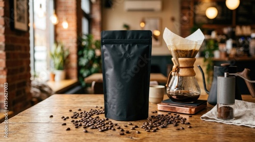 Premium Black Coffee Bag with Fresh Beans and PourOver Brewing Setup in a Cozy Cafe.