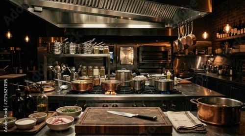 Professional restaurant kitchen with stainless steel equipment and copper pots ready for cooking.