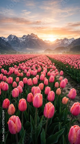 Sunrise Over a Sea of Pink Tulips and Distant Peaks.