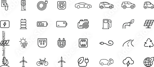 Ecological vector icons set outlining green energy and transport solutions.