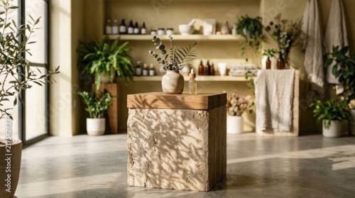 Sunlit Interior of a Modern Retail Space with Wooden Counter and Potted Plants.
