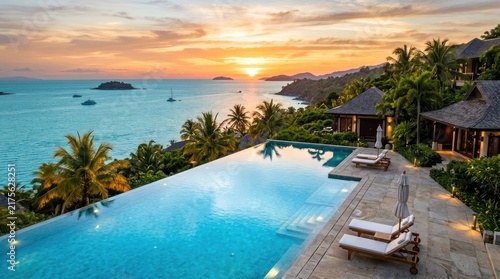 Tropical Sunset over Luxury Infinity Pool and Ocean.