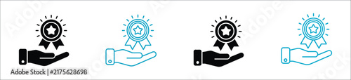 Quality award icon set, hand holding star badge recognition symbols, outline solid and colorful achievement styles, vector illustration collection