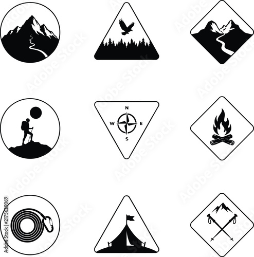 Black silhouettes of camping and outdoor adventure activities set tent campfire compass backpack
