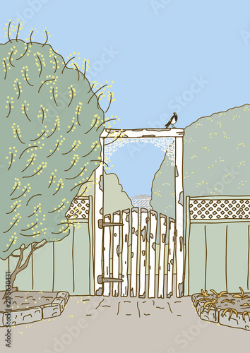 Rustic wooden garden gate with perched magpie lark in minimalist illustration