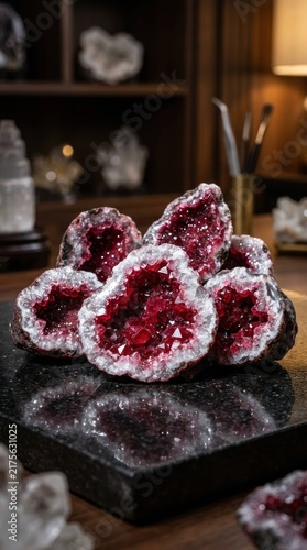 Vibrant Red Geode Crystals Displayed on a Dark Reflective Surface.