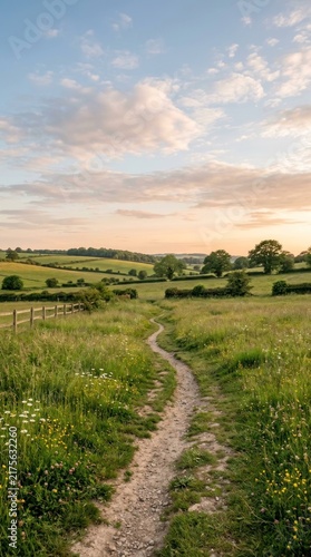 Winding Footpath Through Lush Green Fields Under a Serene Sunset Sky.