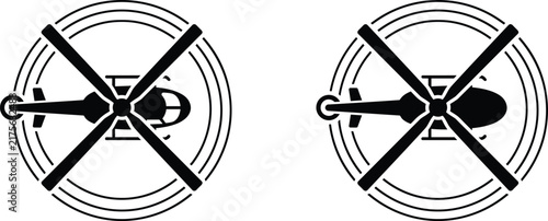 Helicopter top view silhouette icons with rotating rotor blades in circles helicopter aircraft aviation transport silhouette overhead rotation