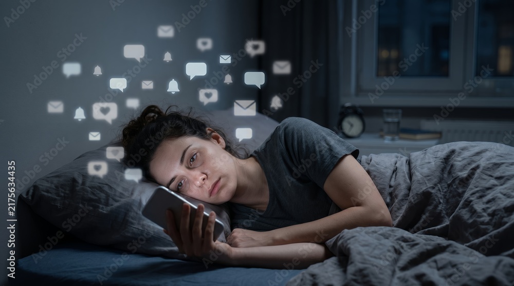 Fototapeta premium An exhausted person using a smartphone late at night, representing excessive screen time, digital dependency, sleep disruption, and unhealthy technology habits.