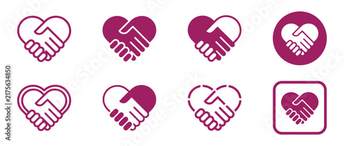 Artistic Heart Shaped Handshake Icons Set for Partnership and Charity Illustration