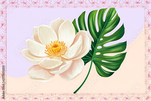 Fototapeta kuchenna Digital illustration of white lotus flower and green monstera leaf on pastel background