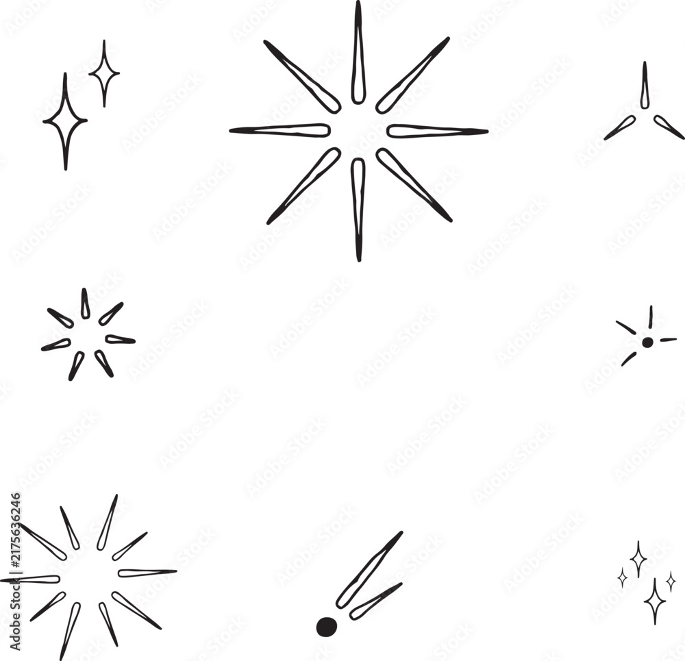 Obraz premium Black and White Sparkles and Star Bursts Vector Set. Hand Drawn Star and Sparkle Icon Collection.