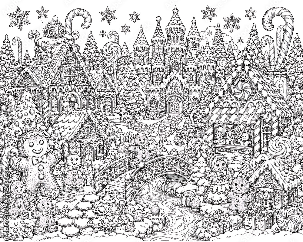 Fototapeta premium gingerbread candyland winter village, gingerbread village, candyland winter village, Christmas gingerbread village, gingerbread Christmas, candyland Christmas, winter wonderland, magical Christmas vil