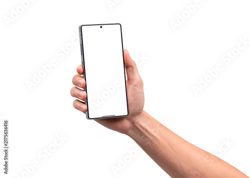 Close-up of a hand holding a high-end Android smartphone with a blank screen for copy space, isolated on a transparent background. Concept for business, finance, technology and modern advertisement.