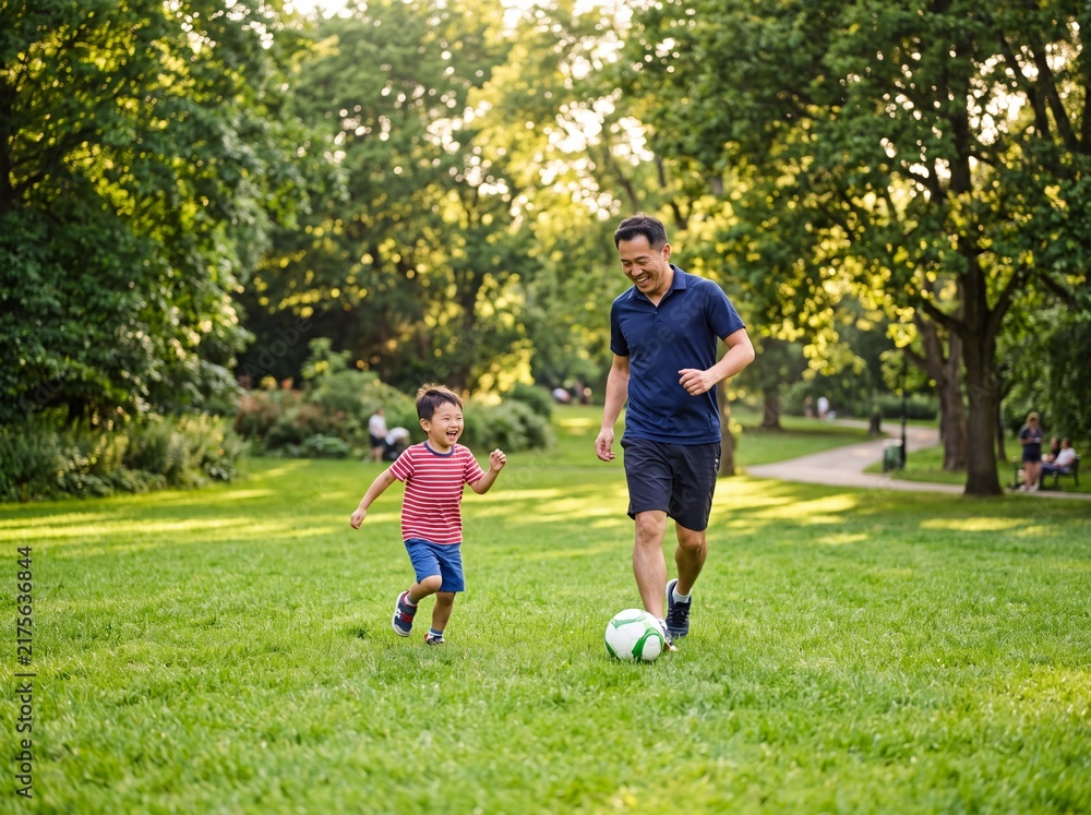Obraz premium Active East Asian Father Playing Football with Young Son
