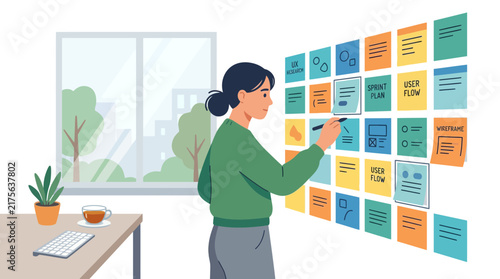 Professional woman organizing workflow on sticky note wall.
