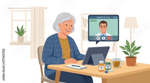 Senior woman using tablet for virtual medical appointment.